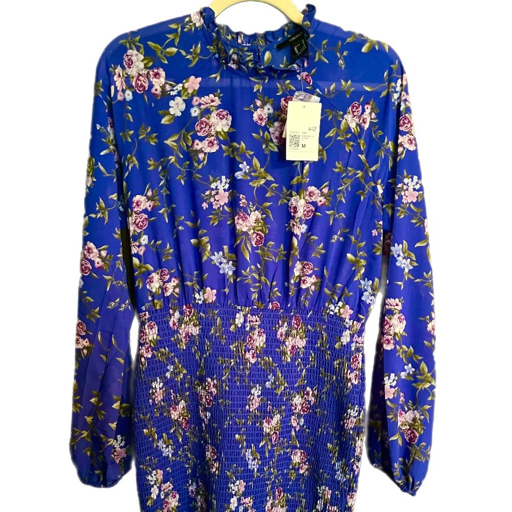Forever 21 Stunning Short Dress Long Sleeve Royal Blue Floral Print SIZE M